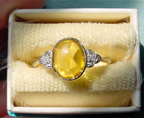 Art Deco 18k and Platinum Buff Cut Citrine Ring with Diamond Accents