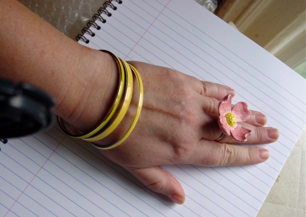 Ceramic Dogwood flower ring and vintage yellow enamel bangles