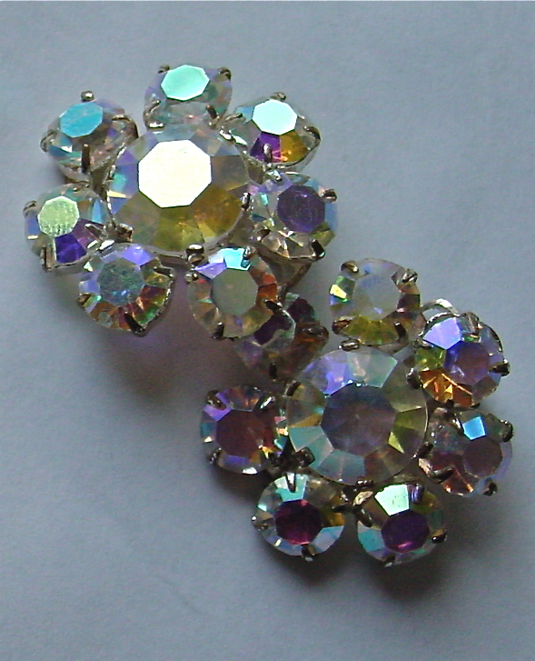 Vintage Open Back Aurora Borealis Rhinestone Earrings