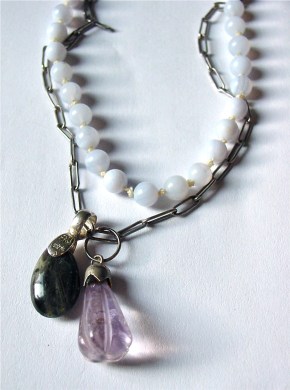 Blue Lace Agate Necklace, Labradorite and Amethyst Pendants