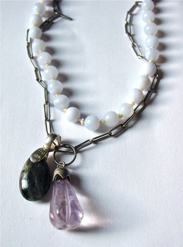 Blue Lace Agate Necklace, Labradorite and Amethyst Pendants
