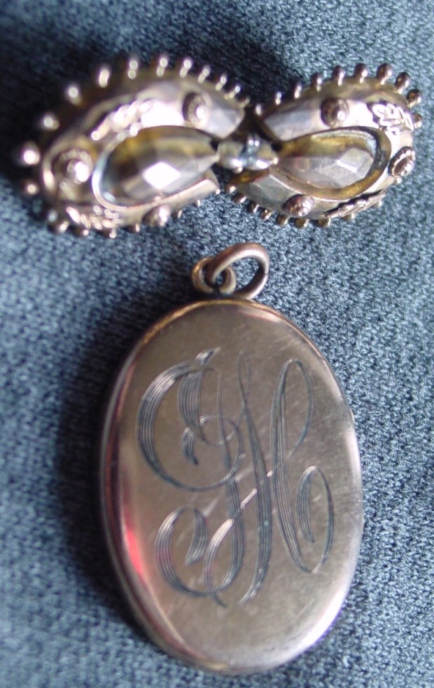 Victorian earrings converted into a brooch and Edwardian Locket