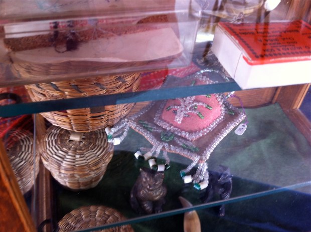 First Nations woven basket and beaded match holder 