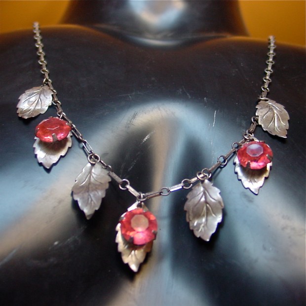 Sterling and pink stone leaf necklace