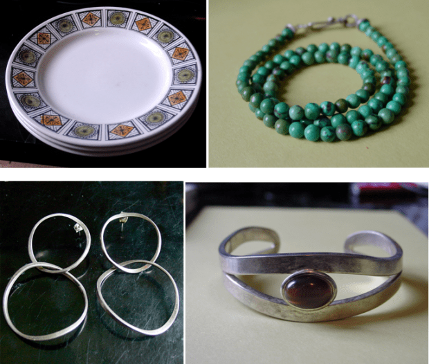 KATHIE WINKLE plates Turquoise Beads, 925 Earrings, silverplate cuff A collection of Yard Sale finds