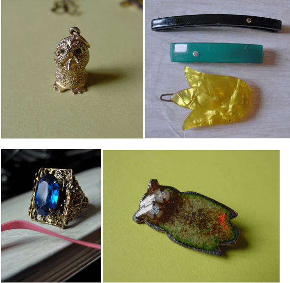 Sterling Oopik charm B+D and Made in France Barrettes, filigree ring, Enamel Owl Pin A collection of yard sale finds