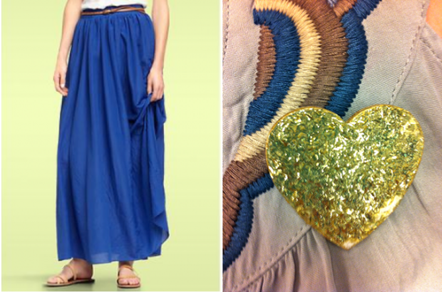 GAP maxi skirt, embroidered blouse detail and Sparkle heart brooch