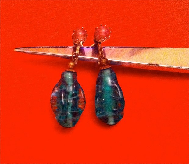 Emerald glass drop earrings signed Coro