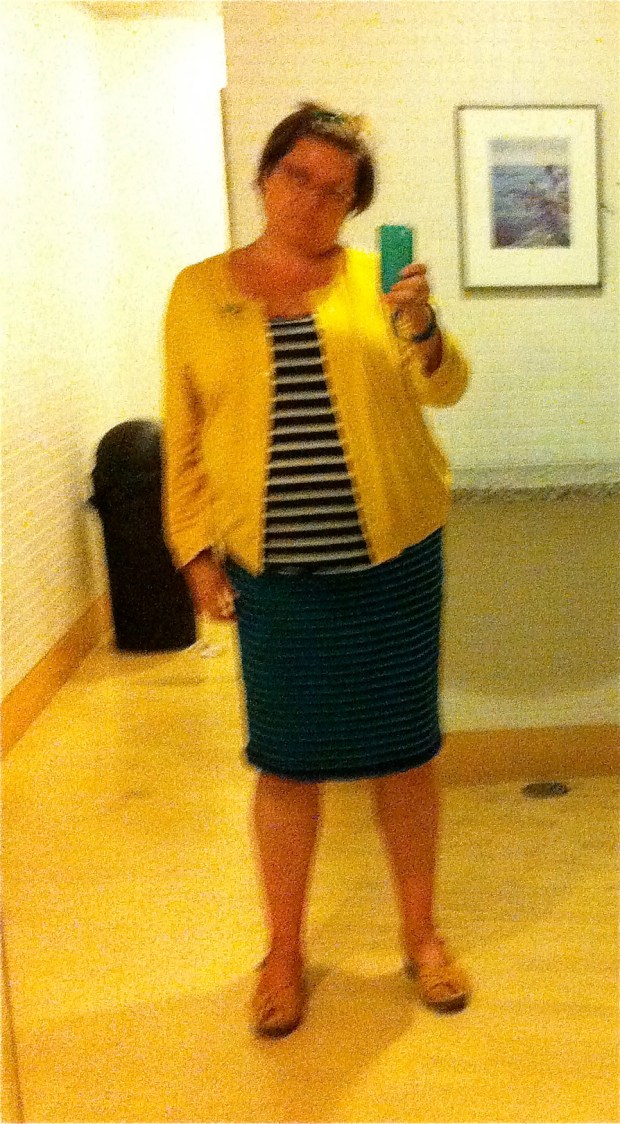 Old Navy Yellow Cardigan Striped Jersey Pencil Skirt Striped top Fly Shoes Fall 2012 Wardrobe