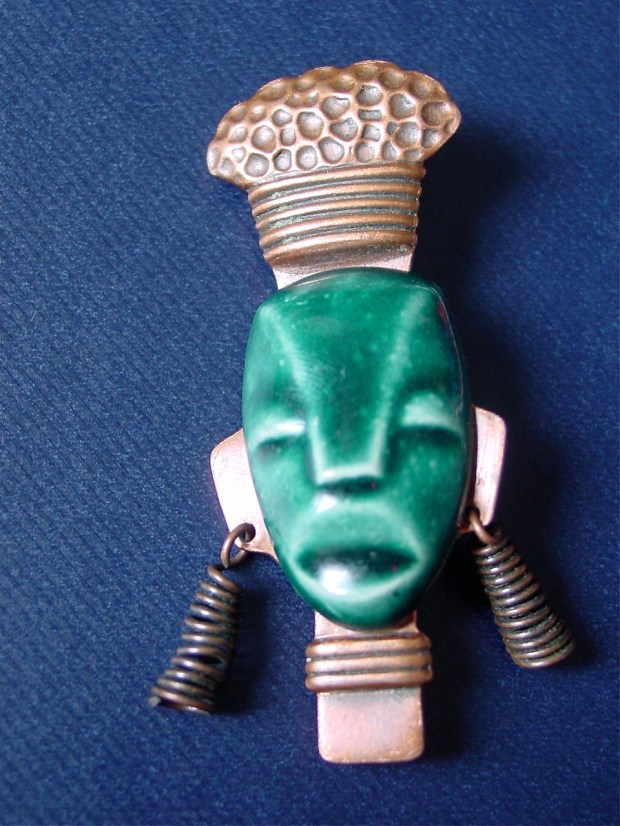Ceramic and Copper Tribal Head Brooch