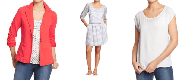 Knit blazer, striped gauze dress and rayon blouse from Old Navy
