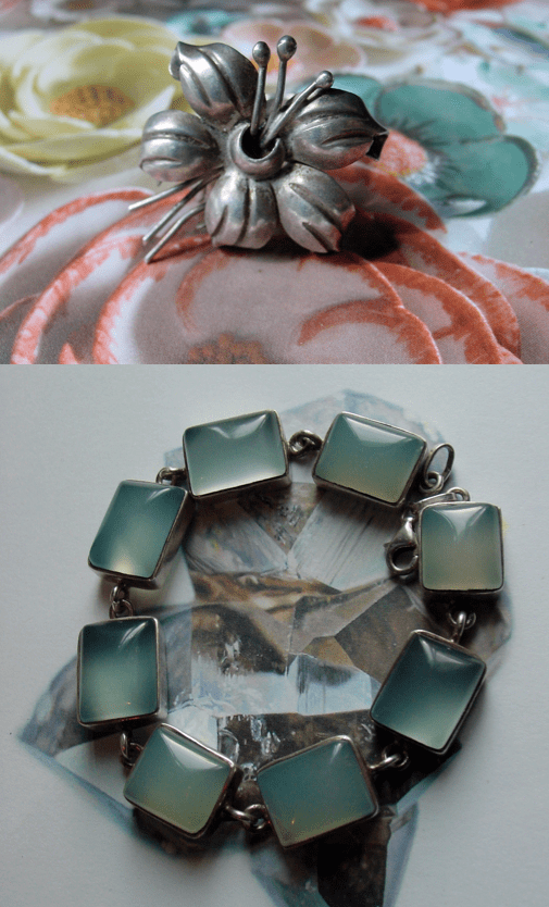 Early Taxco Hibiscus Flower RIng and Chalcedony Bracelet
