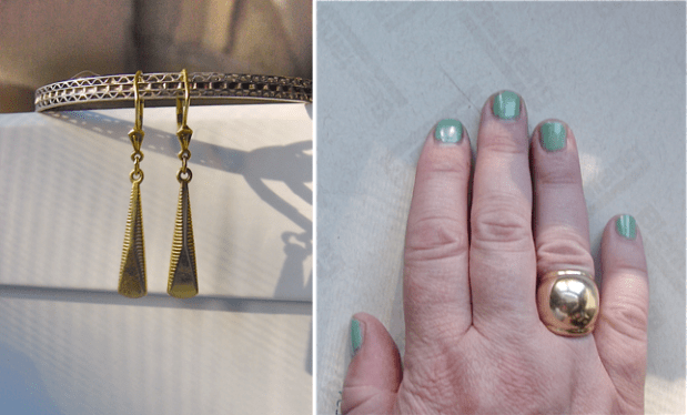 10k gold dangle earrings and gold dome ring