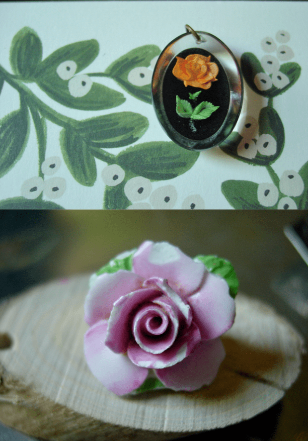 Vintage reverse carved lucite rose pendant and porcelain rose pin