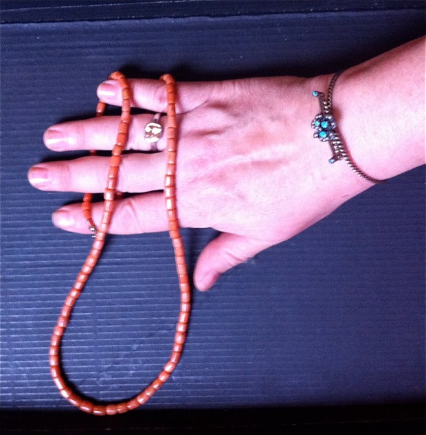 Coral necklace, Citrine Ring and austro-hungarian seed pearl and turquoise bangle