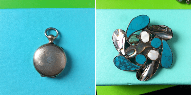 Gold filled Watch fob locket and Taxco Brooch