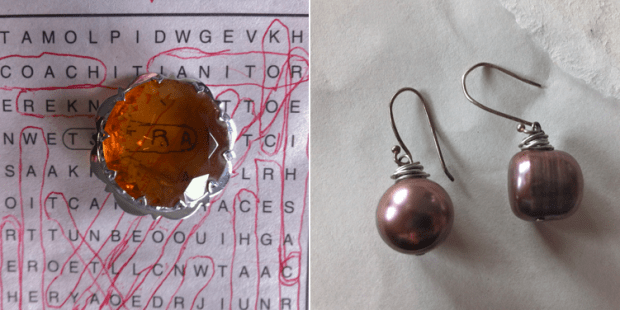 Mizpah brooch and baroque pearl earrings