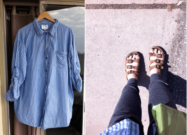 striped blouse and birkenstocks